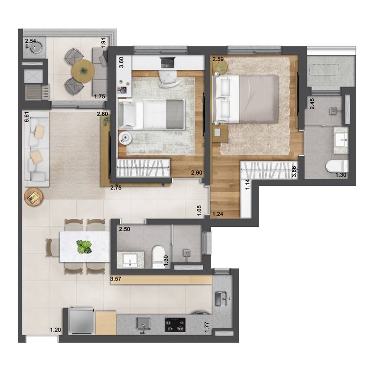Planta 2 quartos com 1 suite, Unna Residence